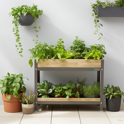 MI HUERTO URBAN Jardinera Elevada Madera con Bandeja Recoge Aguas | Estructura Metálica | Gris | 90x60x78cm