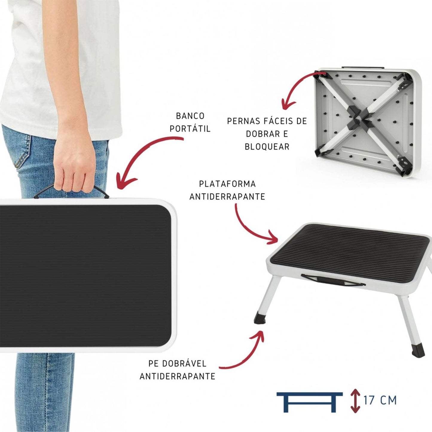 Taburete Plegable Metálico Antideslizante De 1 Escalón Blanco Y Negro_1