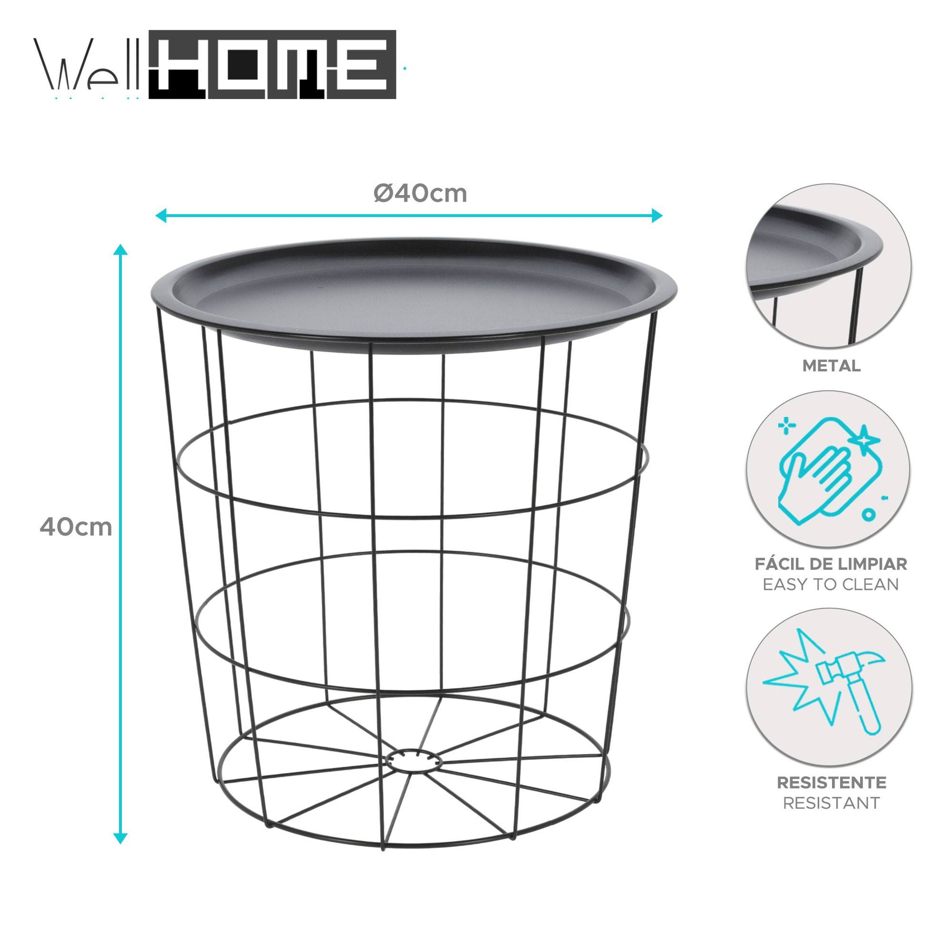 Well Home Mesa Auxiliar En Metal Color Negro Ø40x40cm