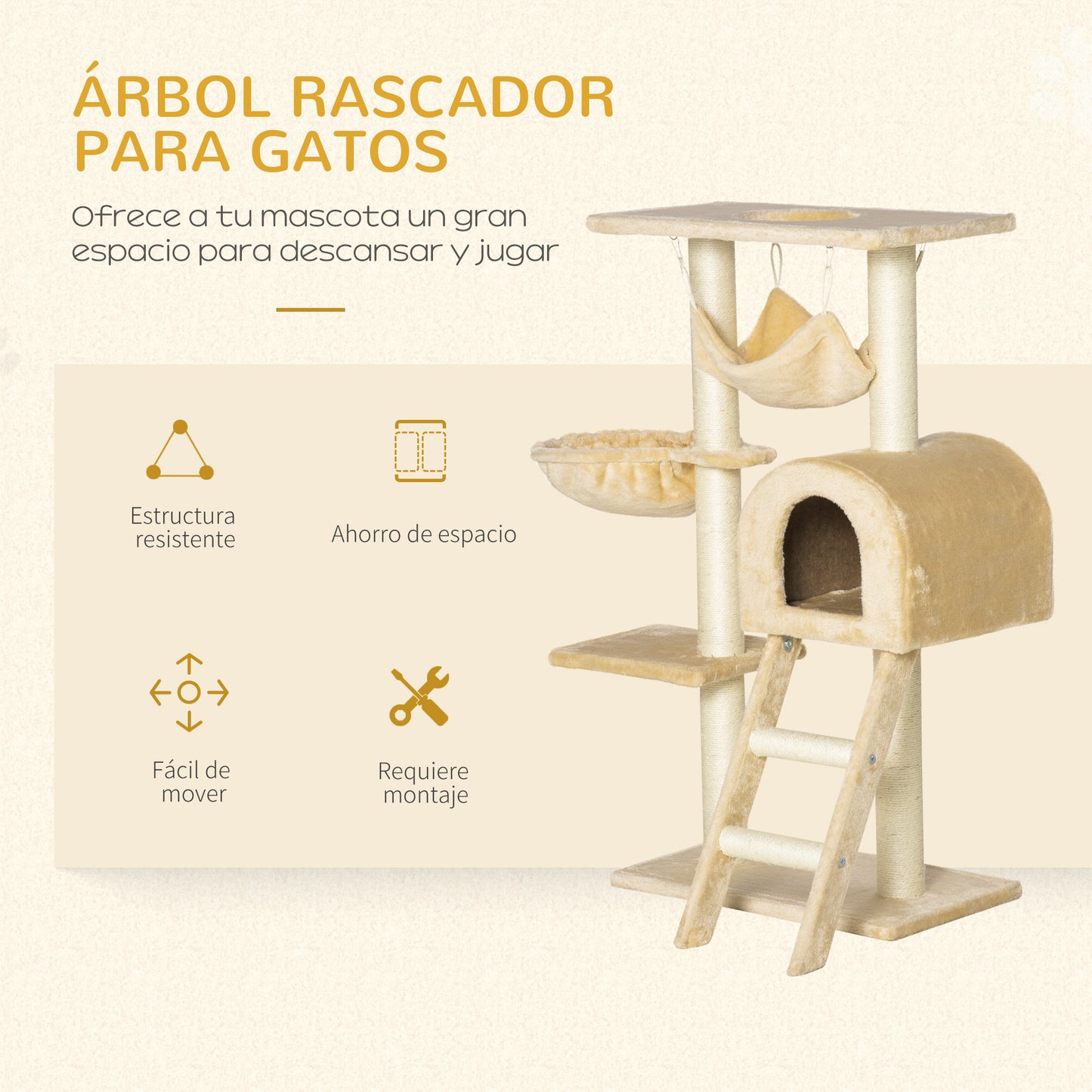 Pawhut Árbol Rascador Para Gatos 98 Cm Con Cueva Hamaca Escalera Postes De Sisal_3