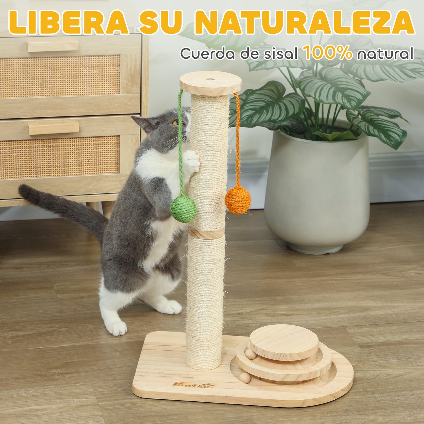 Pawhut Poste Rascador Para Gatos 56,5 Cm Con 3 Bolas Colgantes Madera Natural_5