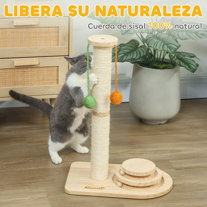 Pawhut Poste Rascador Para Gatos 56,5 Cm Con 3 Bolas Colgantes Madera Natural_5