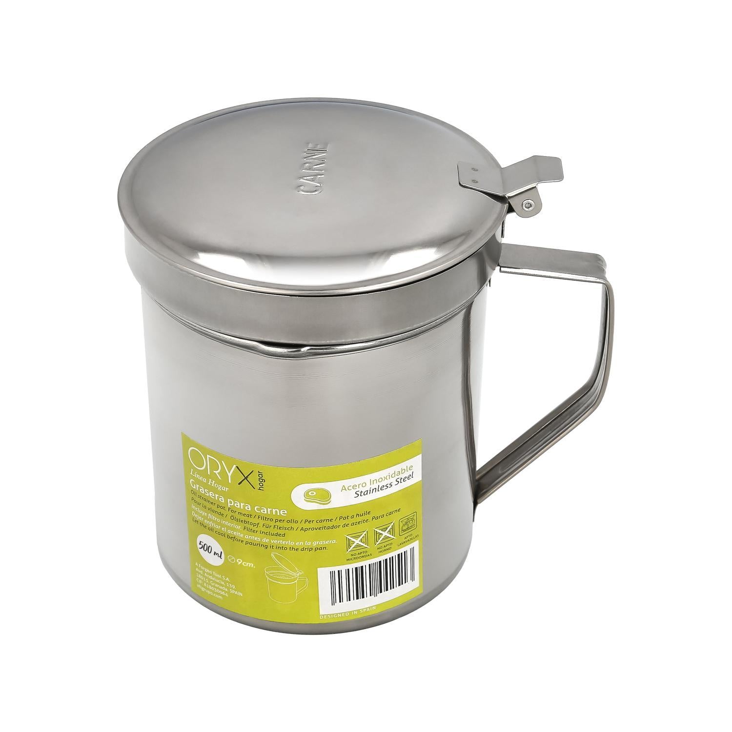 Grasera Acero Inoxidable Para Carne, Aceitera Aceite Usado 0,5 Lts. Con Colador Y Tapa, Recipiente Reciclaje Aceite Usado Carne_0