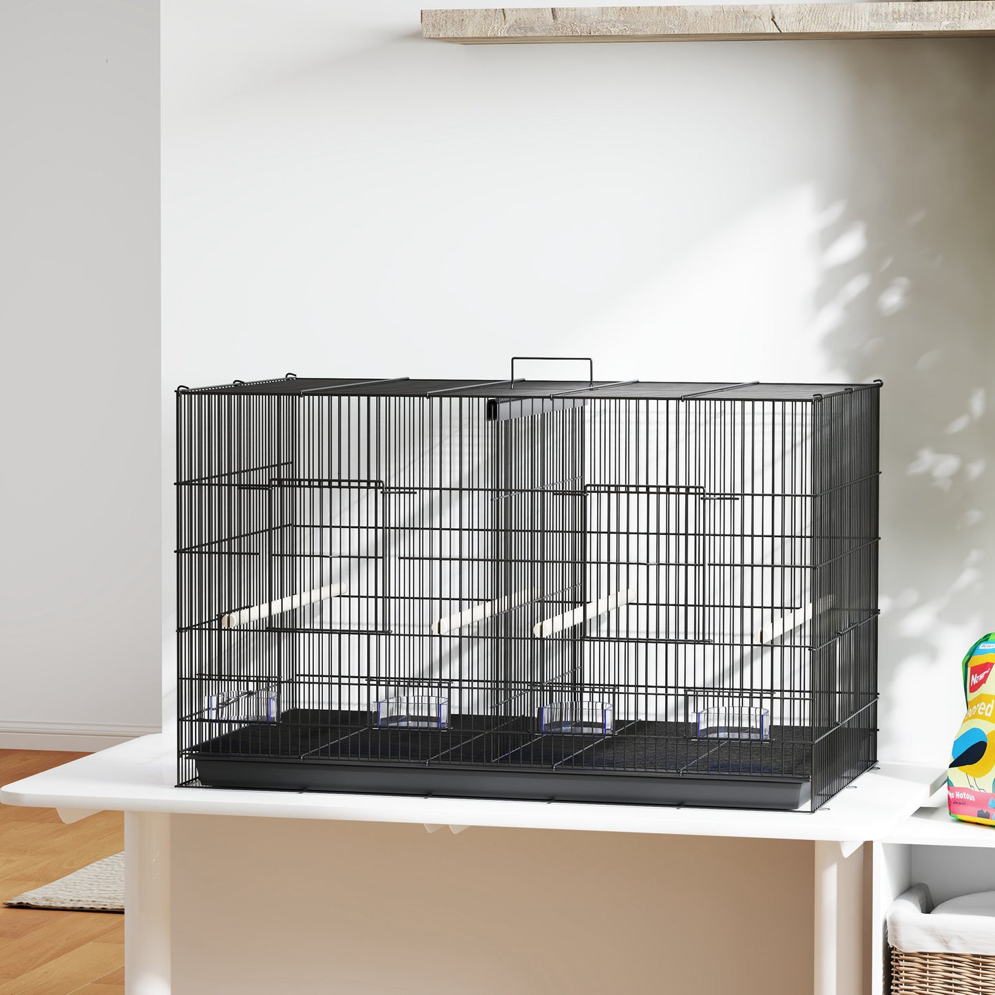 Pawhut Jaula Para Pájaros Con Divisor 4 Comederos 4 Perchas 94x57x57 Cm Negro_1