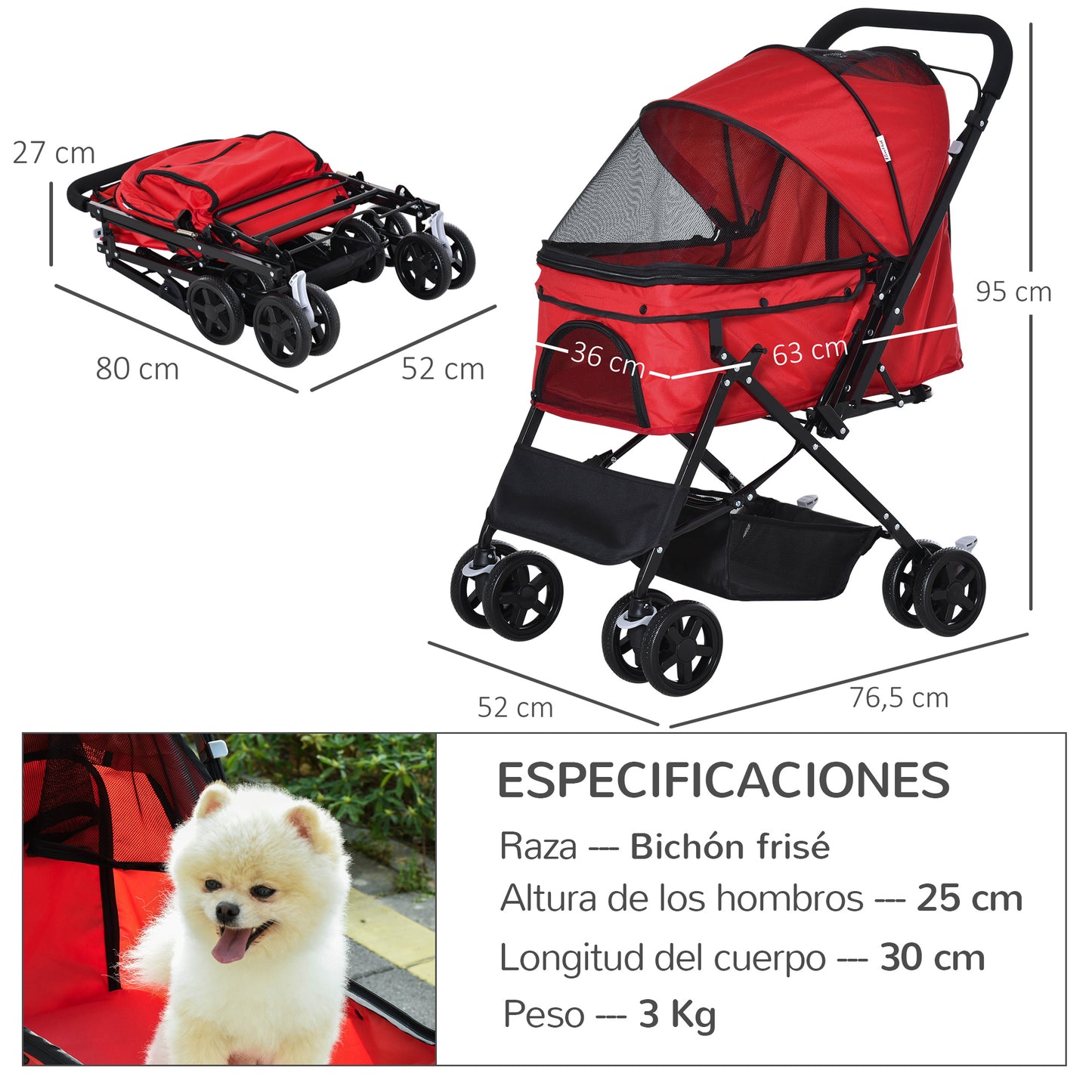 Pawhut Cochecito Para Mascotas Plegable Con Toldo Ajustable 76,5x52x95 Cm Rojo_2