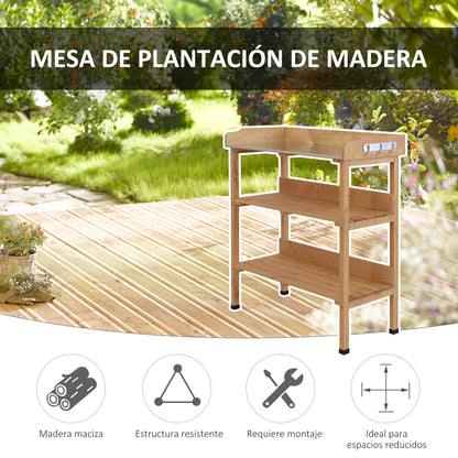 Outsunny Mesa De Plantación De Madera Con Placa Metálica Y 2 Estantes Natural_5