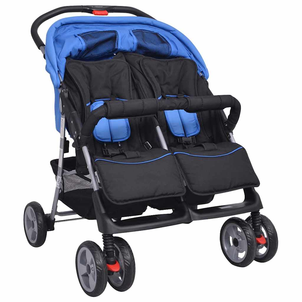 Vidaxl Cochecito Gemelar De Acero Azul Y Negro_3
