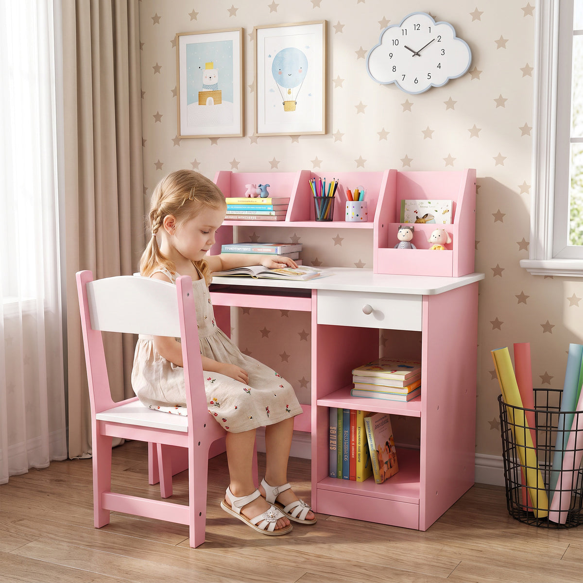Zonekiz Juego De Escritorio Y Silla Para Niños De +5 Años Con 2 Cajones Rosa_1