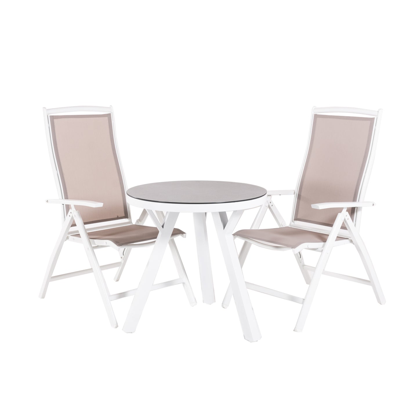 Conjunto De Mesas Y Sillas De Jardín, Redonda 70 Cm, Cristal Templado, Color Blanco + 2 Sillones Reclinables_0