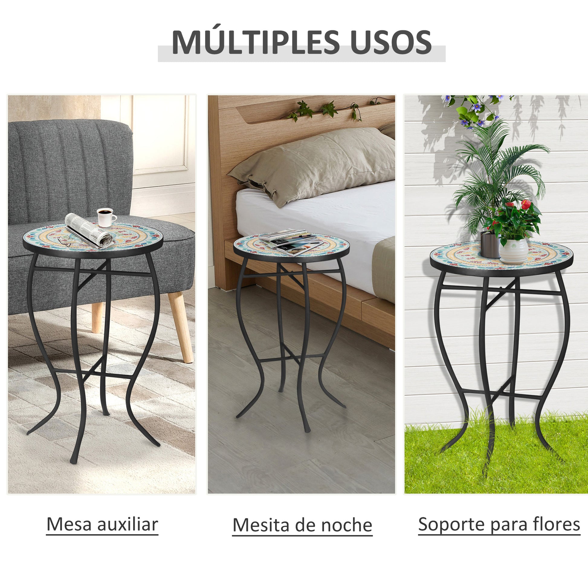 Outsunny Mesa De Jardín Redonda Mesa Auxiliar De Mosaico Con Patas De Metal Para Patio Terraza Exterior Balcón Ø35_4