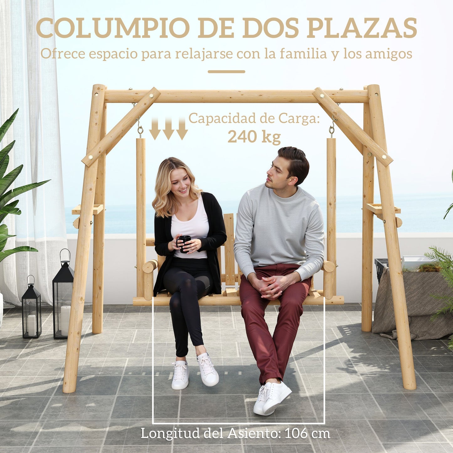 Outsunny Banco Columpio De Jardín De Madera De 2 Plazas Con Bandeja Lateral_3