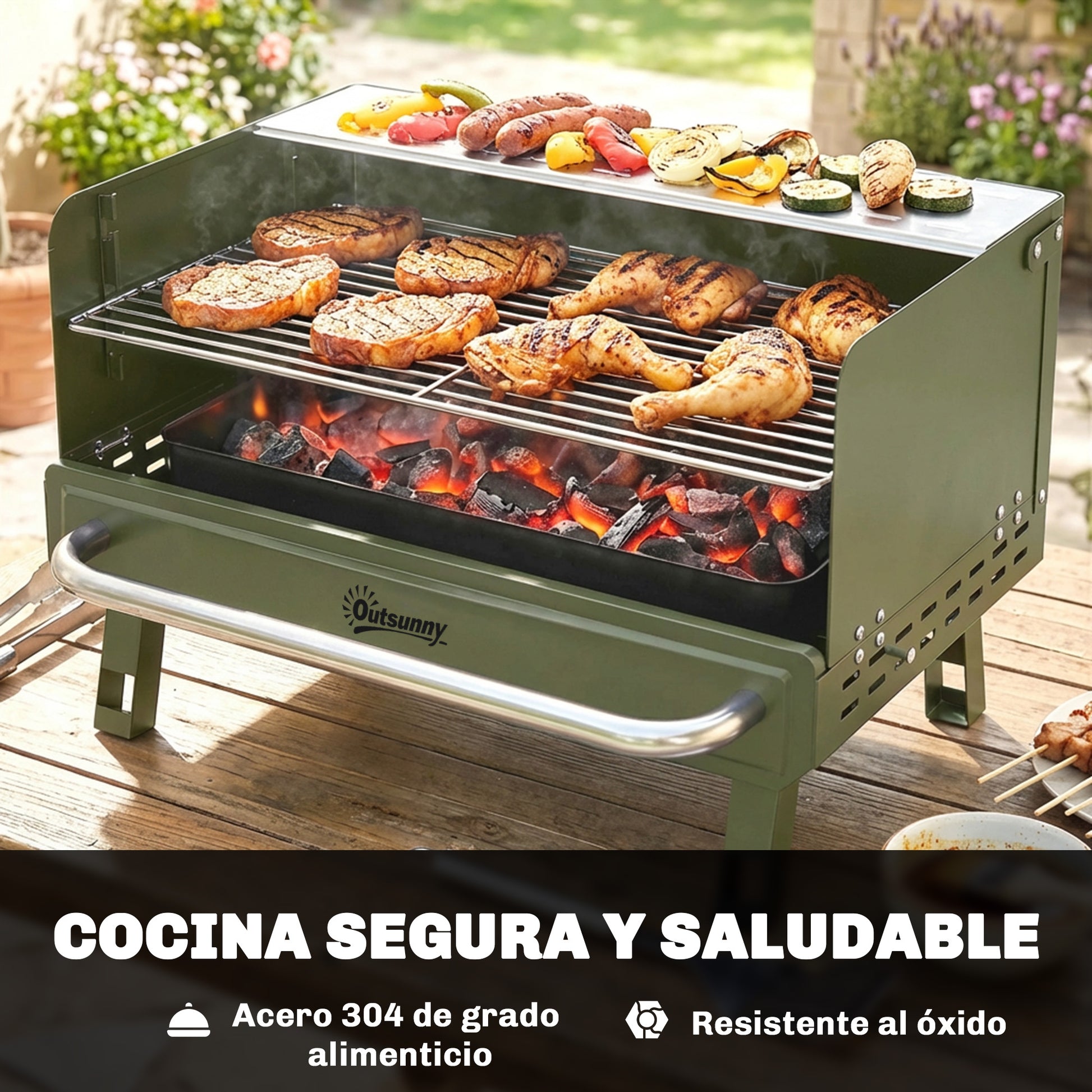 Outsunny Barbacoa De Carbón Plegable Con Rejilla Ajustable 52x37x31,8 Cm Verde_5