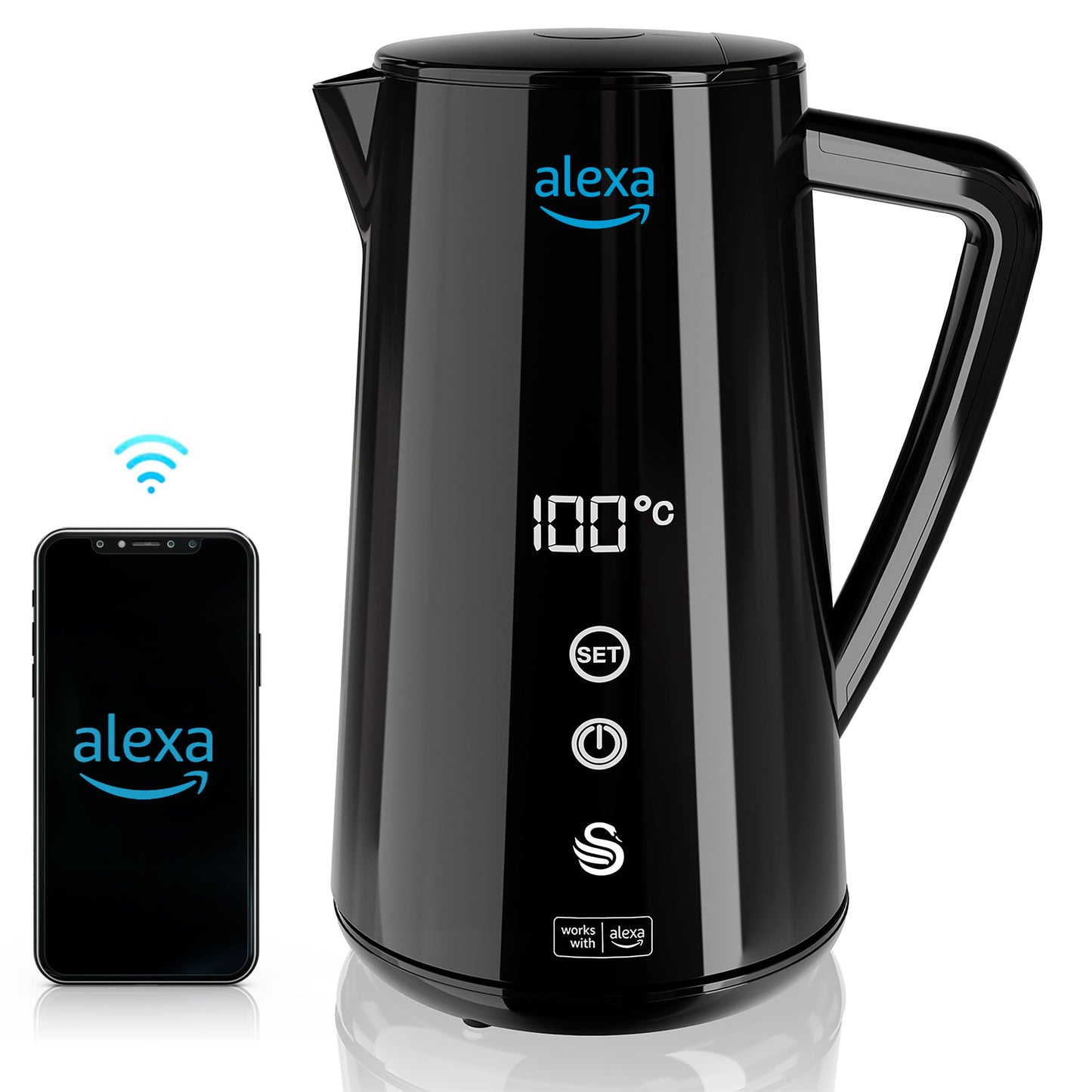 Alexa Hervidor Agua Eléctrico Inteligente Wifi Smart Kettle 1,5l Inalámbrico Control Táctil Led Swan Sk14650blkneu, Negro_0