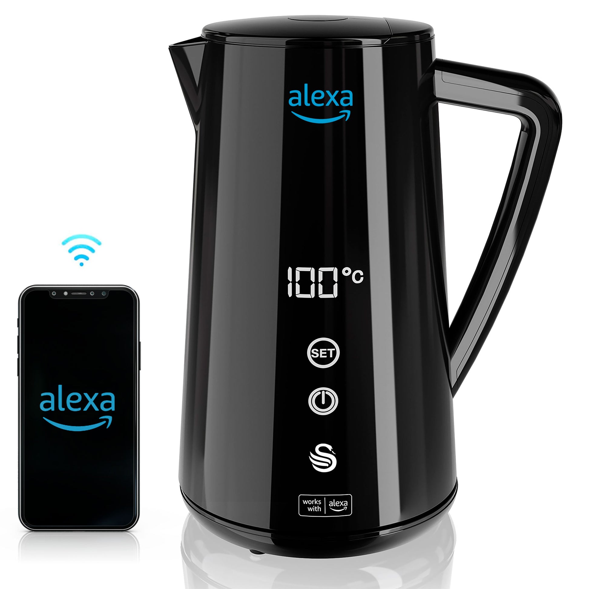 Alexa Hervidor Agua Eléctrico Inteligente Wifi Smart Kettle 1,5l Inalámbrico Control Táctil Led Swan Sk14650blkneu, Negro_0