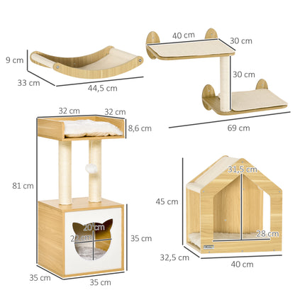 Pawhut Conjunto De Casa Para Gatos Y Estantes Para Gatos 35x35x81 Cm Roble_2