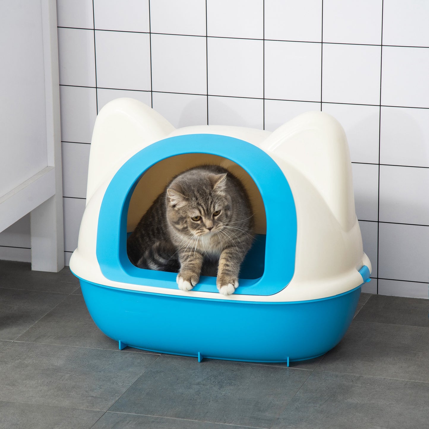 Pawhut Arenero Gatos Con Orificio De Entrada Y Pala 59x42,5x47 Cm Blanco Y Azul_1