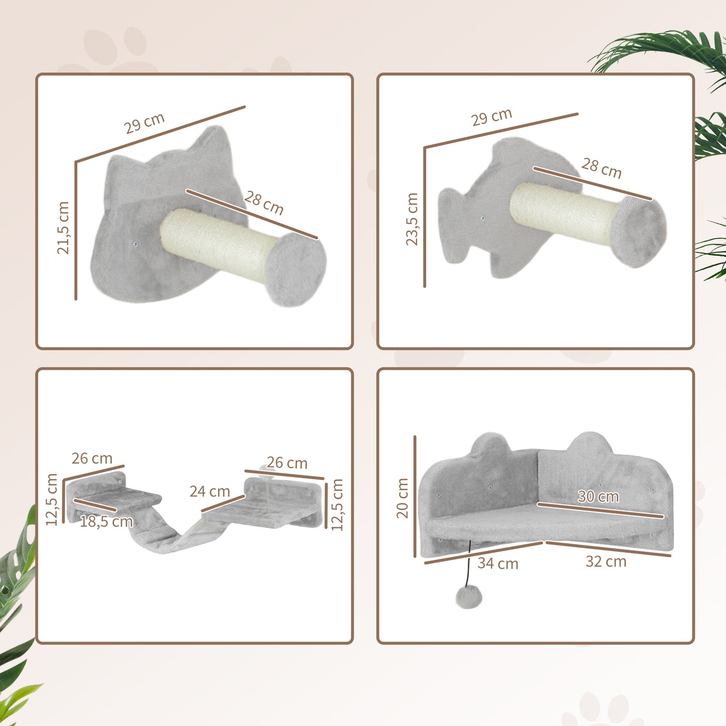 Pawhut Juego De Pared De Escalada Para Gatos De 4 Piezas Con Plataformas Gris_2