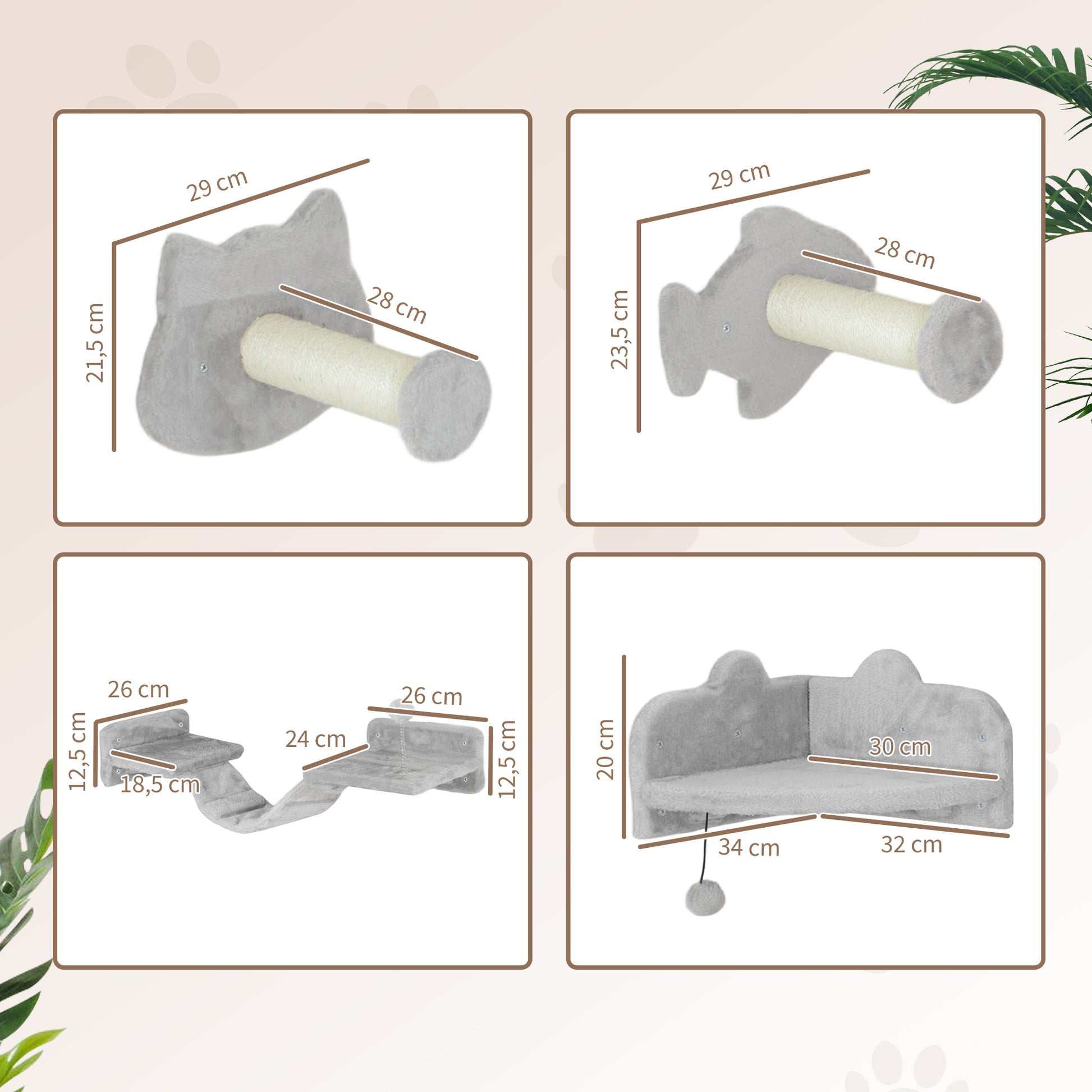 Pawhut Juego De Pared De Escalada Para Gatos De 4 Piezas Con Plataformas Gris_2