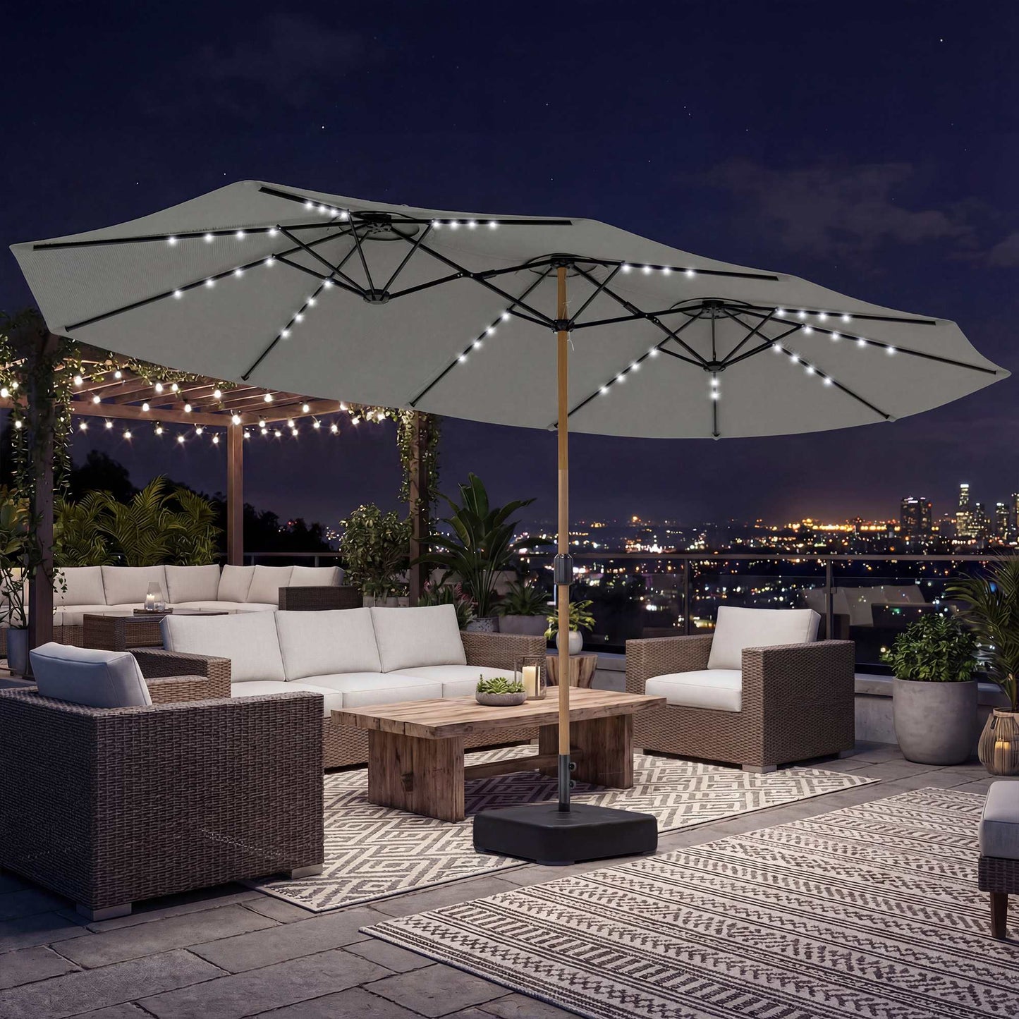 Outsunny Sombrilla Doble 4,6x2,6 M Con 48 Luces Led Base Incluida Y Manivela_3