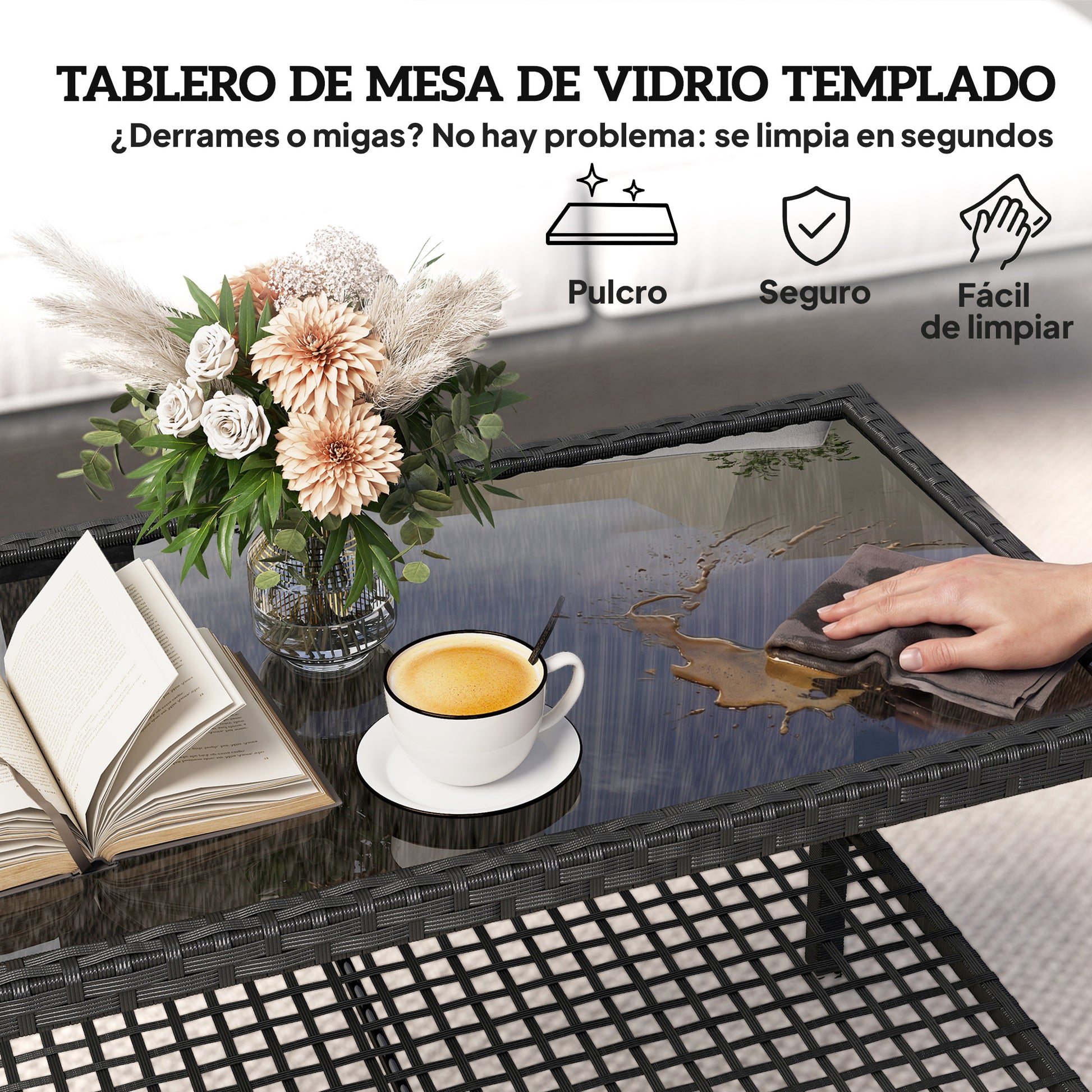 Outsunny Mesa De Jardín De Ratán Con Estante Tablero De Vidrio Templado Negro_5