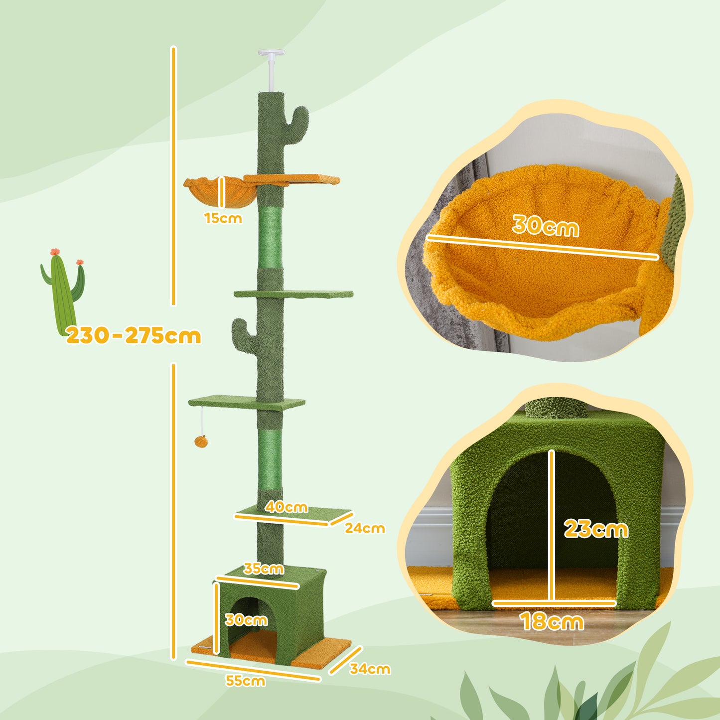 Pawhut Árbol Para Gatos De Suelo A Techo Altura Ajustable 230-275 Cm Verde_2