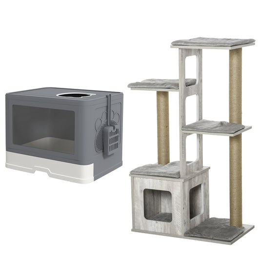 Pawhut Conjunto De 1 Árbol Rascador Para Gatos Y 1 Arenero Para Gatos Gris_0