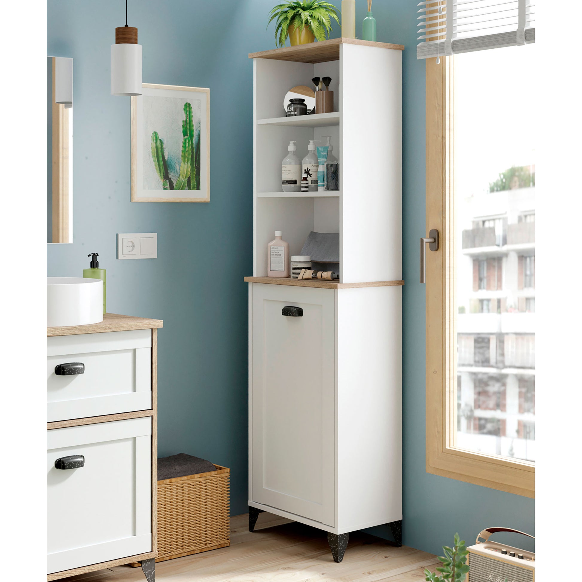 Columna De Baño, Mueble Auxiliar, Armario Alto Estilo Vintage 168x46,5x31 Cm Espacio Almacenaje, Briebe, Eterna, Blanco