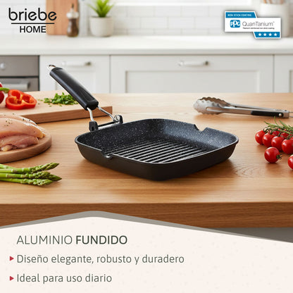 Briebe Grill Asador, Inducción, Antiadherente Titanio 24x24cm Aluminio Fundido Sin Pfoa Mango Plegable, Gp1158, Negro_2