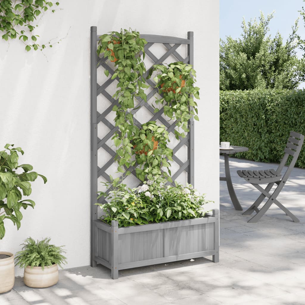 Jardinera Con Enrejado Gris 75x35x150 Cm Madera Maciza De Abeto_2