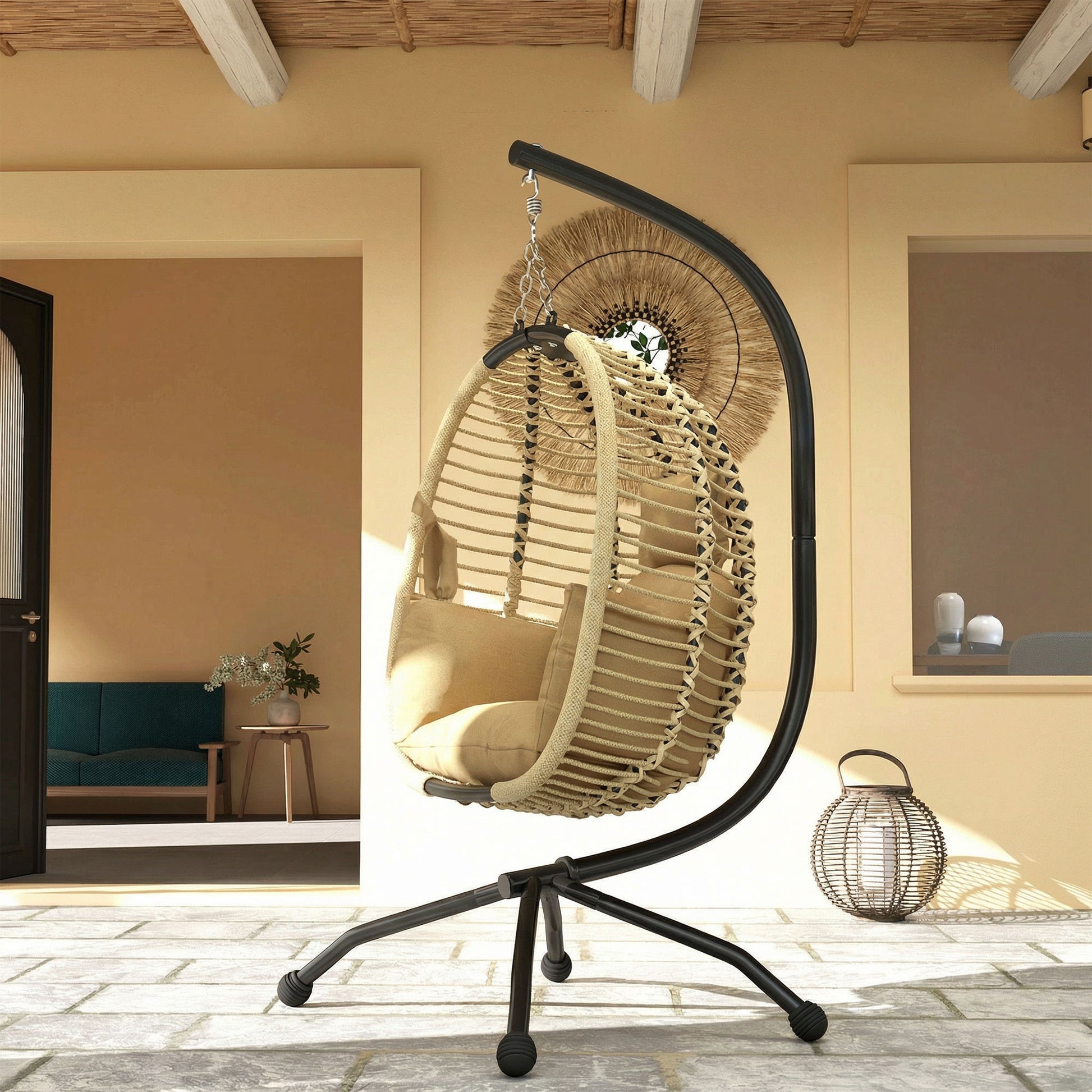 Outsunny Silla Colgante Huevo Con Soporte Cesta Plegable Cojín Beige_1