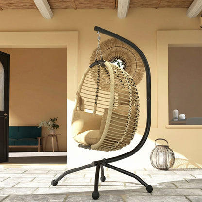 Outsunny Silla Colgante Huevo Con Soporte Cesta Plegable Cojín Beige_1