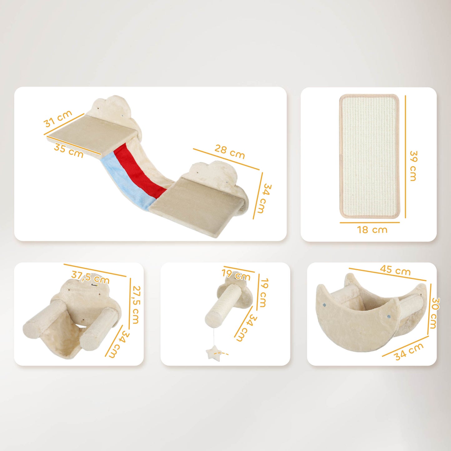 Pawhut Juego De Pared De Escalada Para Gatos 6 Piezas Con Hamacas Plataformas_2