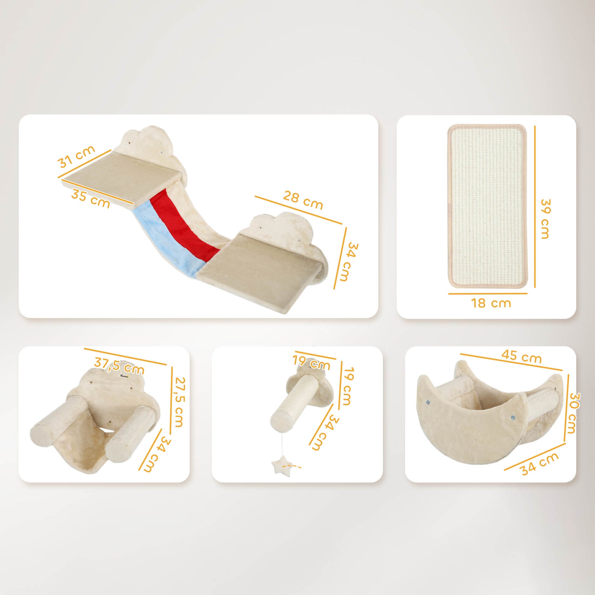 Pawhut Juego De Pared De Escalada Para Gatos 6 Piezas Con Hamacas Plataformas_2