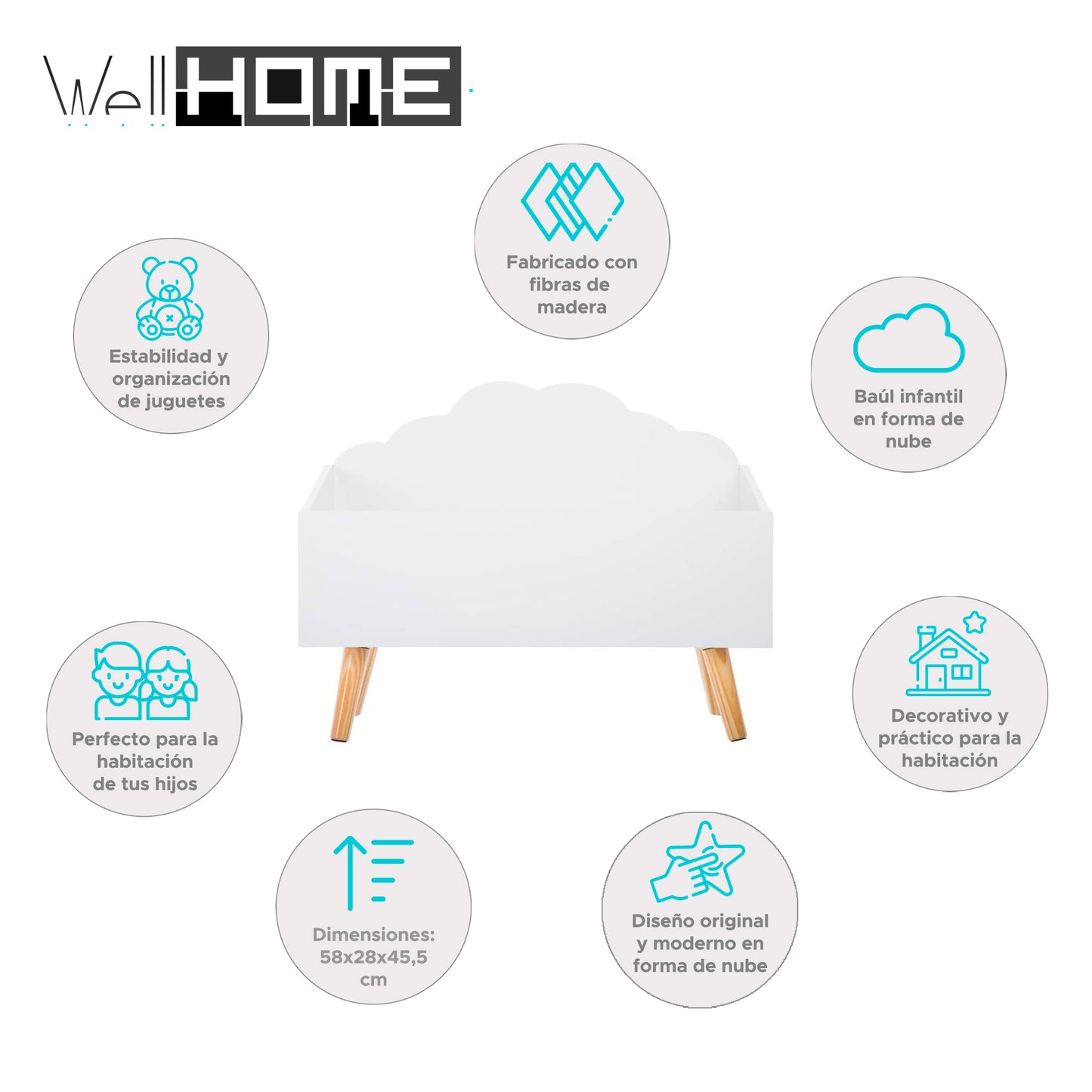 Wellhome Baúl Infantil Nube Blanco, Ideal Para Juguetes, 58x28x45,5cm