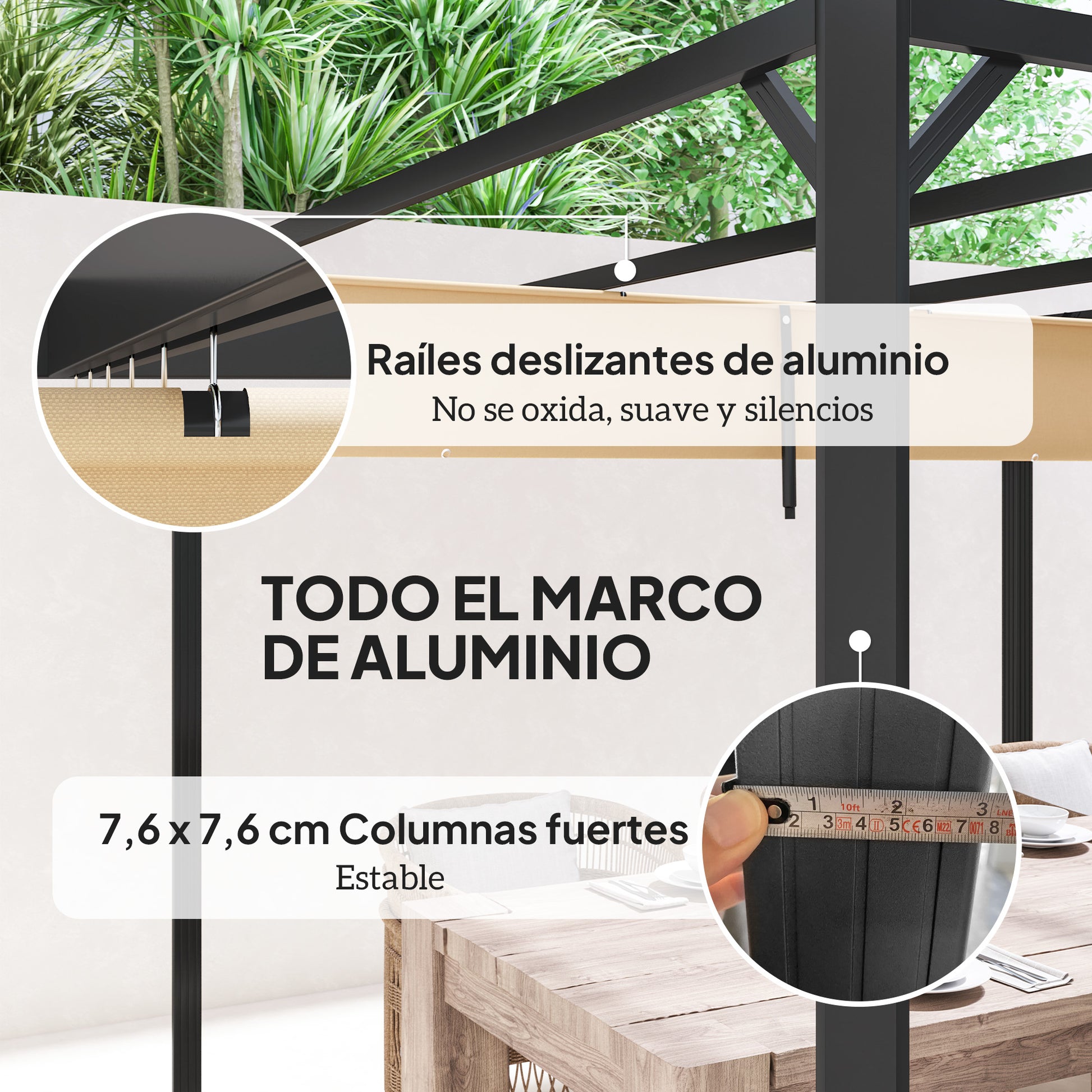 Outsunny Pérgola 3x3 M Con Techo Retráctil Y Cortina Enrollable Caqui_5