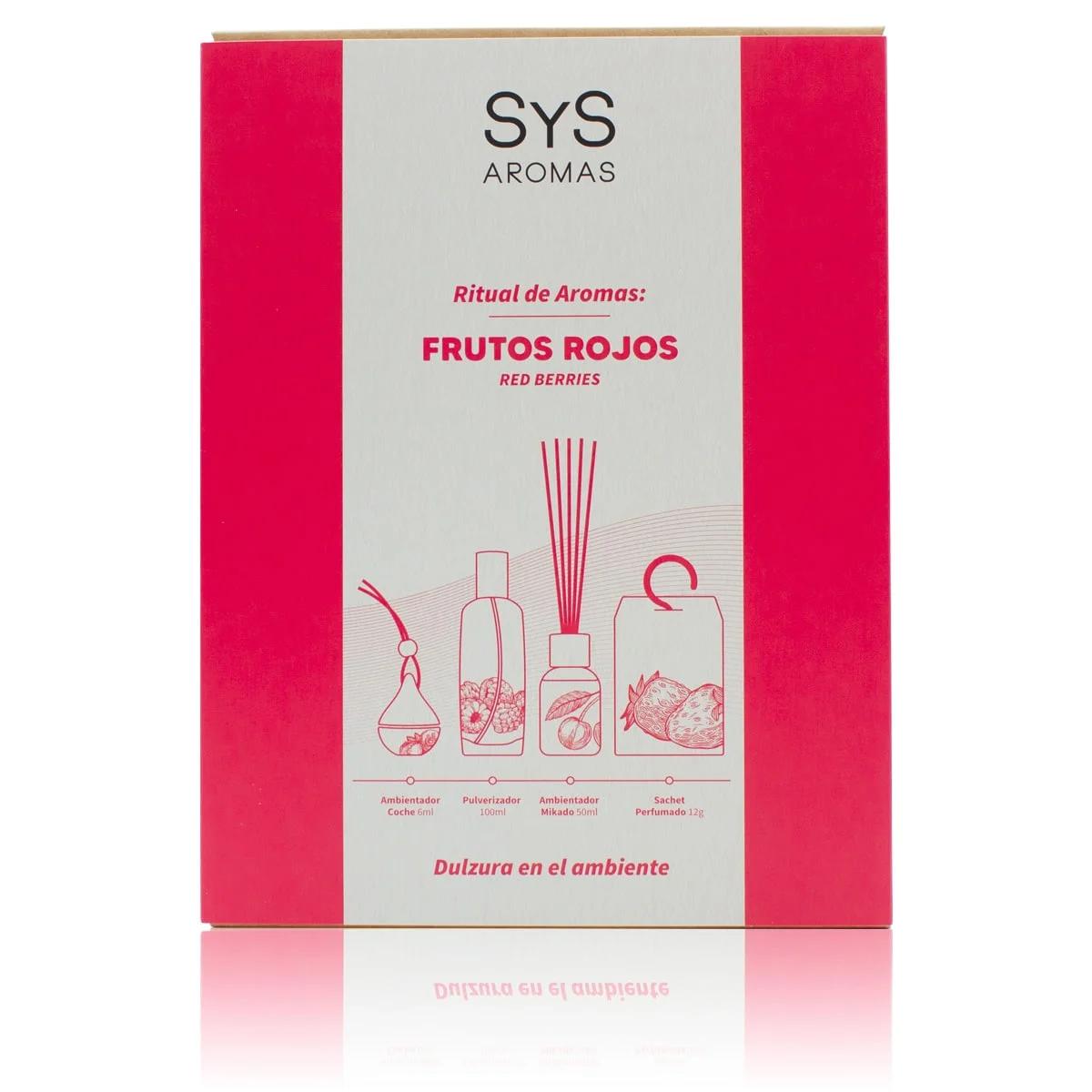 Pack Aroma Frutos Rojos SYS Aromas | Ambientador de Coche 6 ml, Pulverizador 100 ml, Mikado 50 ml y Sachet 12 g_0