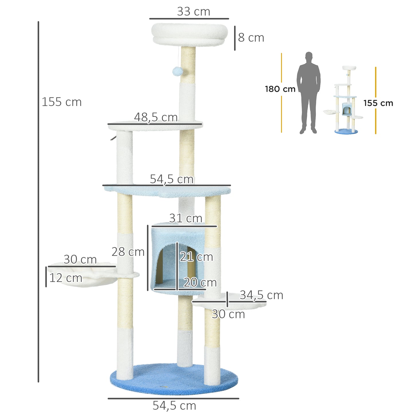 Pawhut Árbol Rascador Para Gatos Grandes De 155 Cm Con Cama Hamaca Blanco Y Azul_2
