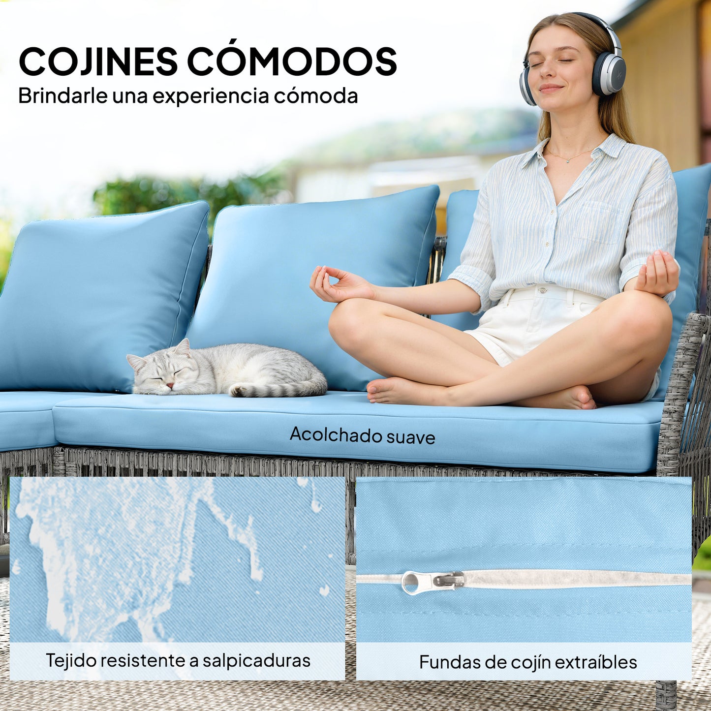 Outsunny Conjunto Muebles Jardín Exterior De Ratán 3 Piezas Cojines Azul Claro_5