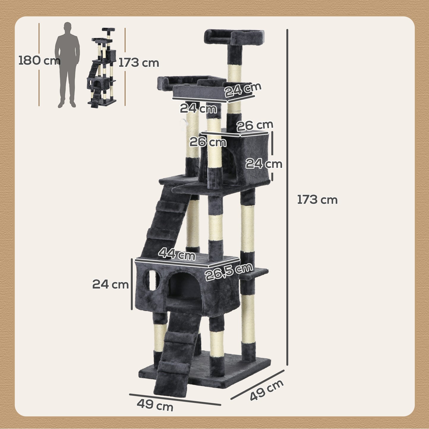 Pawhut Árbol Rascador Para Gatos Grande Altura 173 Cm Gris Oscuro_2