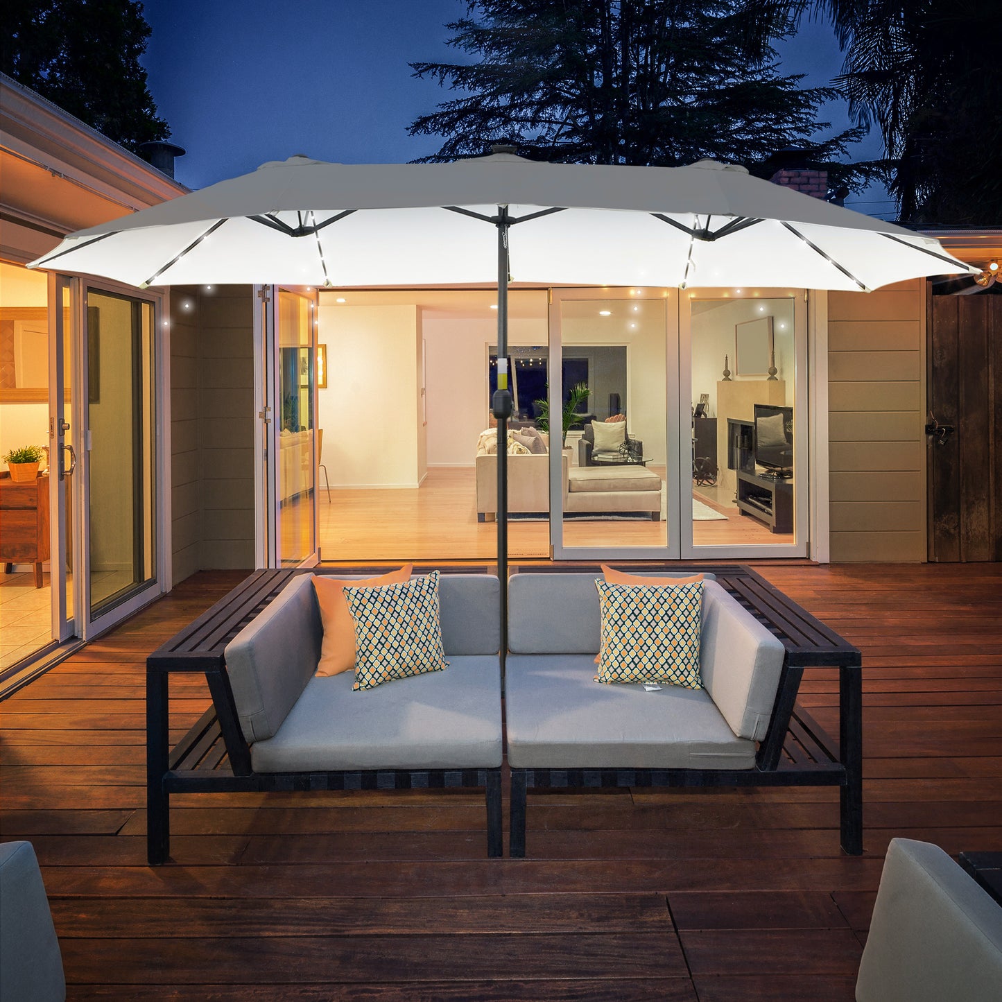 Outsunny Sombrilla Doble De Jardín Con 48 Luces Led Solar 450x265x240 Cm Crema_1