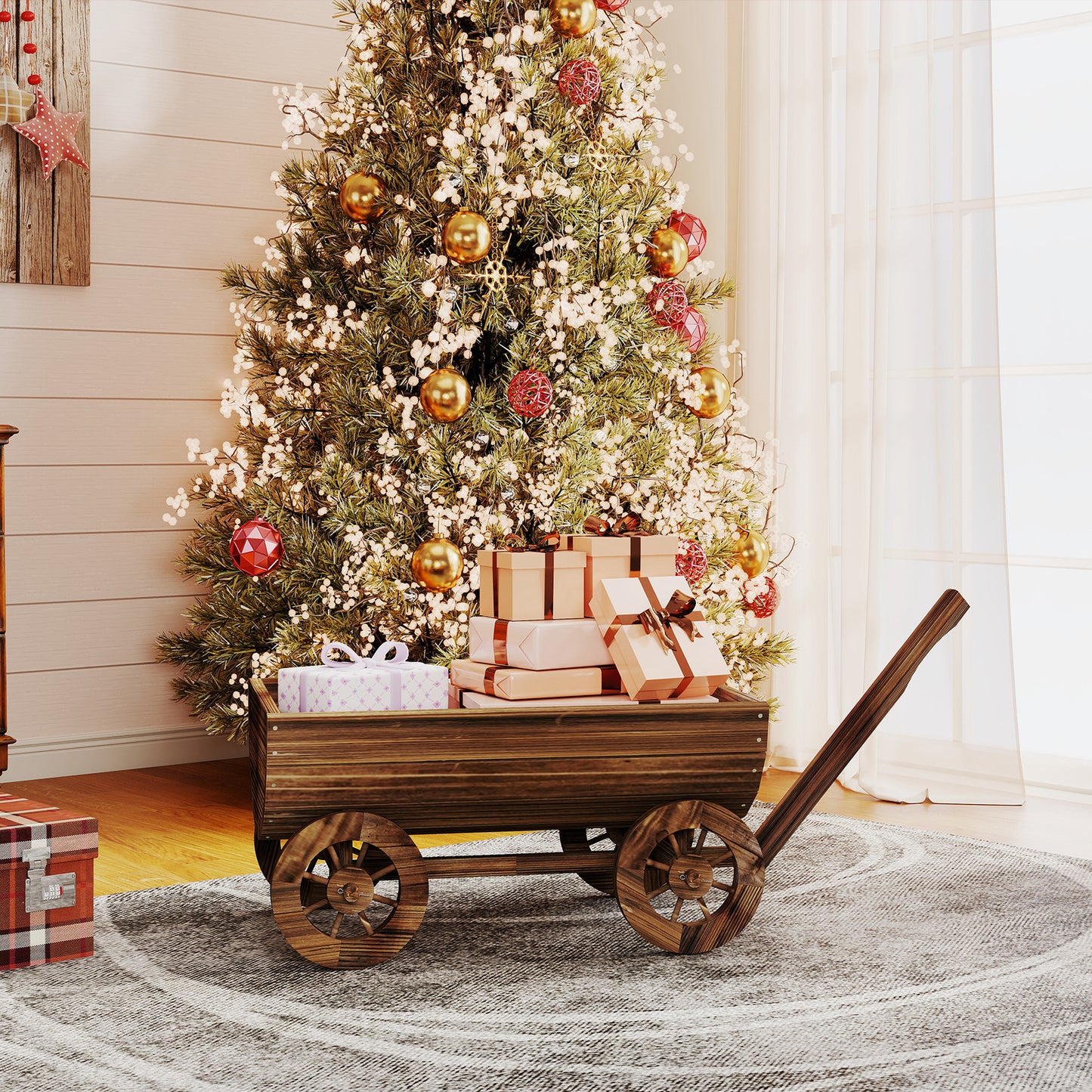 Outsunny Carrito De Madera Con 4 Ruedas Y Mango Drenaje 115x40x54,5 Cm_4