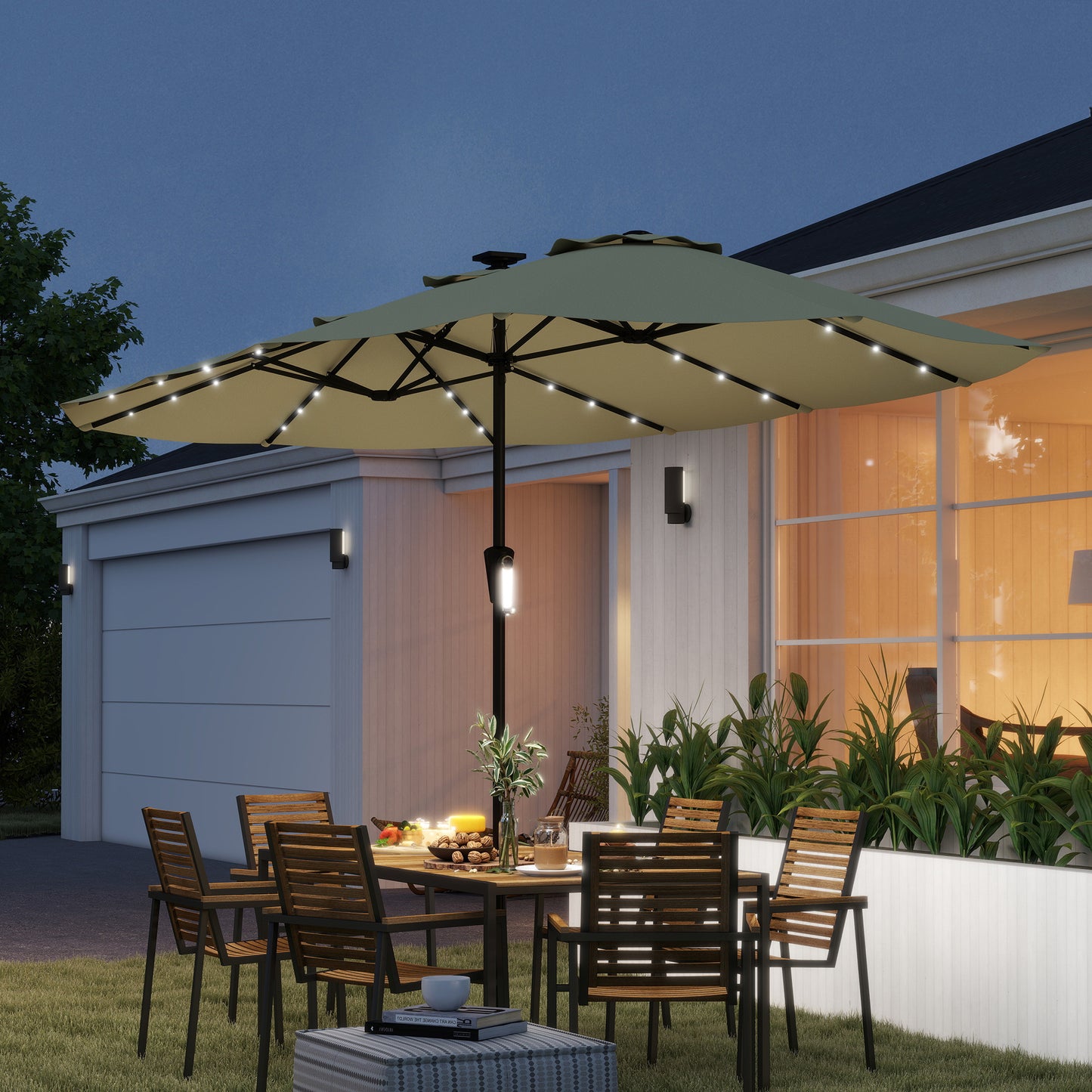 Outsunny Sombrilla Doble 4x2 M Con 36 Luces Led Manivela Upf50+ Beige_1