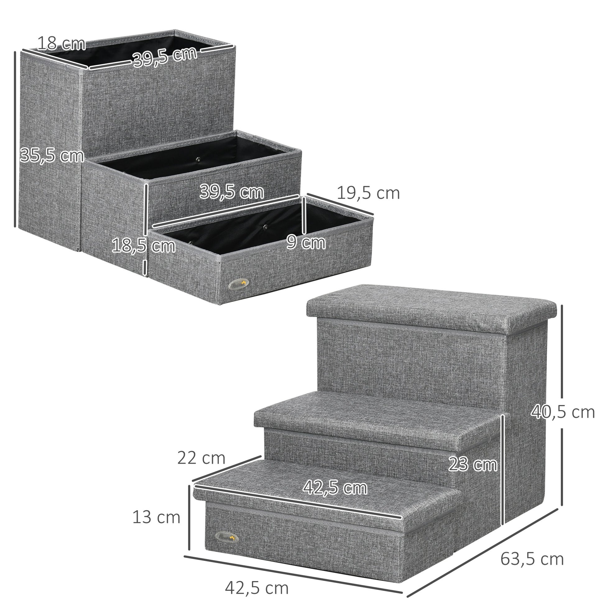 Pawhut Escalera Para Mascotas De 3 Peldaños Con Espacio 63,5x42,5x40,5 Cm Gris_2
