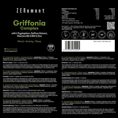 Complejo de Griffonia (fuente de 5-HTP) con L-Triptófano, extracto de azafrán, B6, B12 y Zinc Zenement, 120 comprimidos