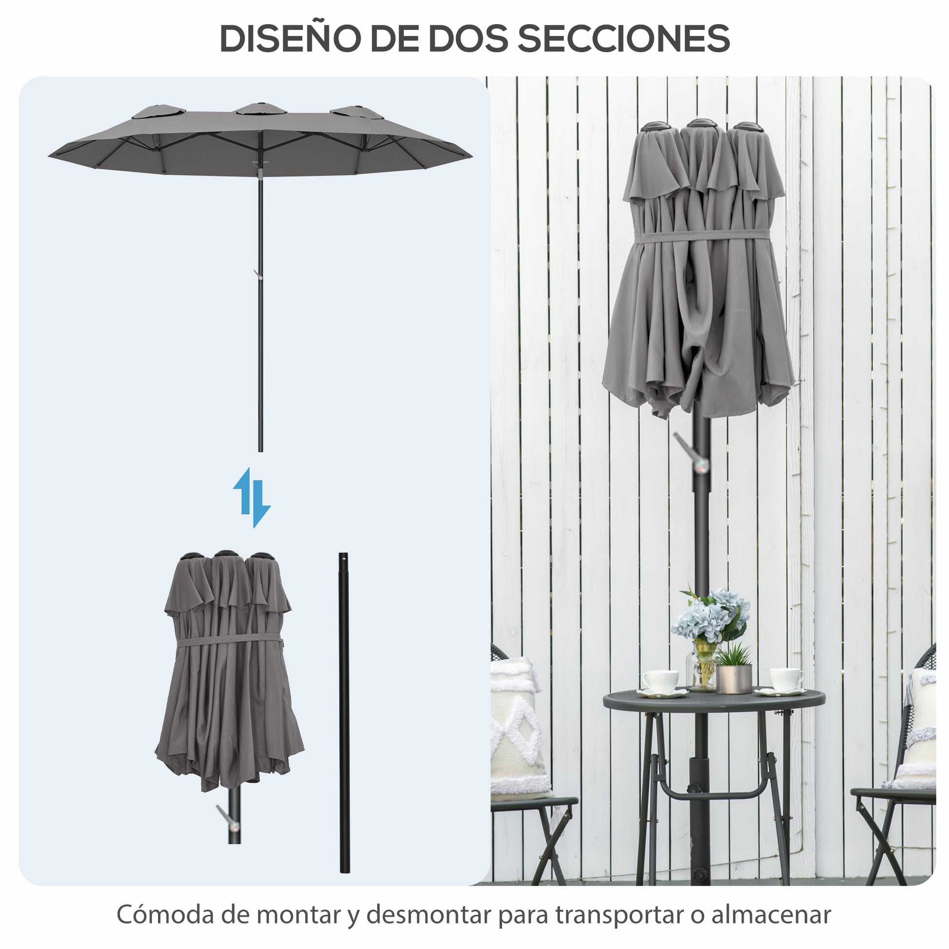 Outsunny Sombrilla Doble 3x1,5m Con Inclinación De 45° Manivela Gris_3