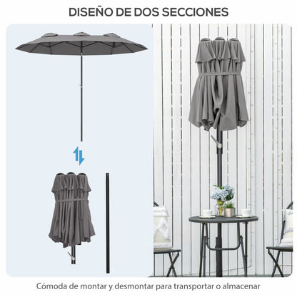 Outsunny Sombrilla Doble 3x1,5m Con Inclinación De 45° Manivela Gris_3