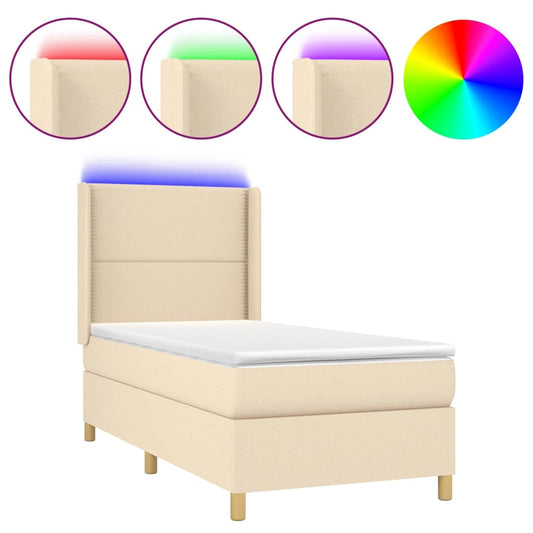 Cama Box Spring Colchón Y Luces Led Tela Color Crema 90x190 Cm / Vetonek_0