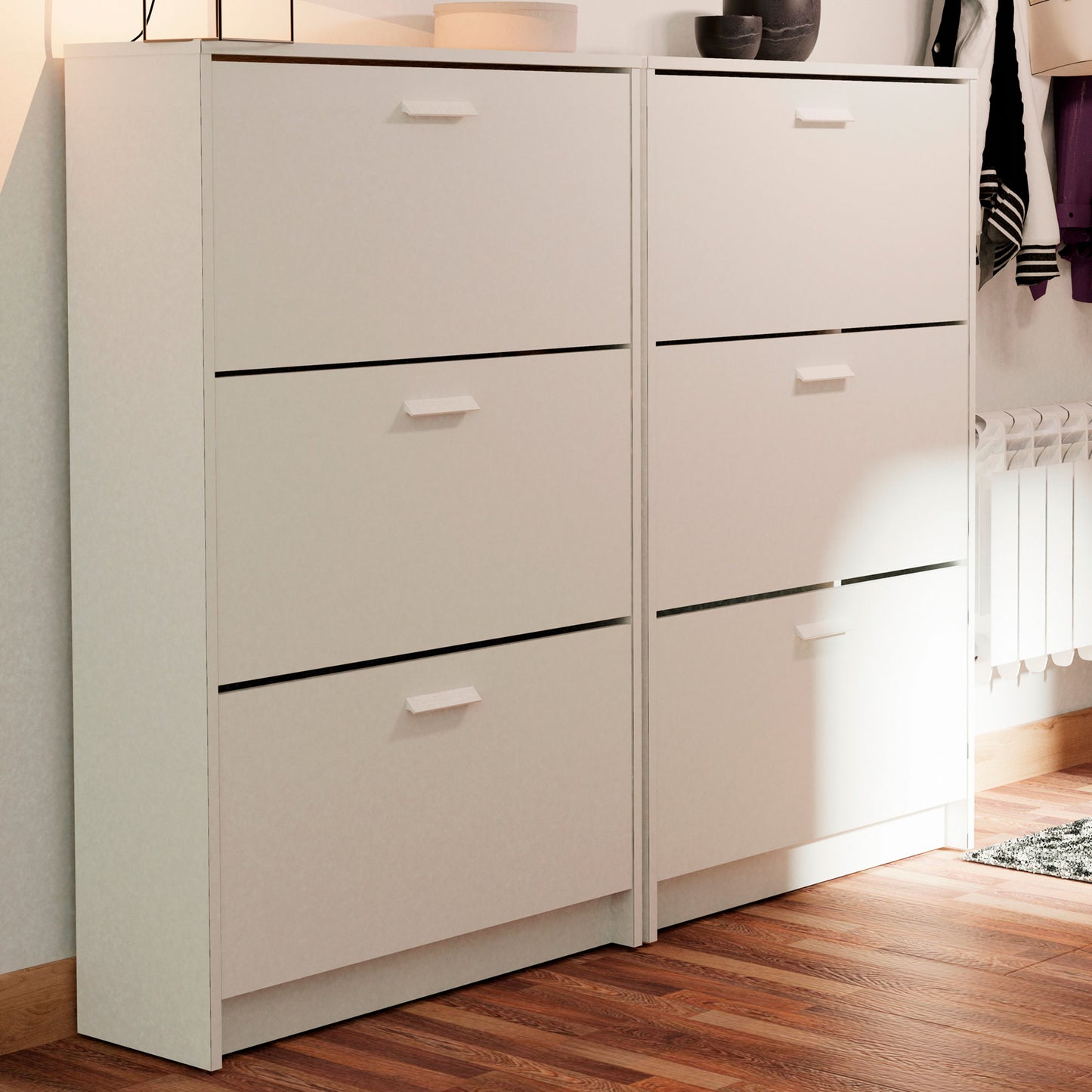 Zapatero Entrada Recibidor, Mueble Auxiliar Estrecho Zapatos, 3 Puertas, Madera 119,5x74x25 Cm, Briebe, Nova, Blanco