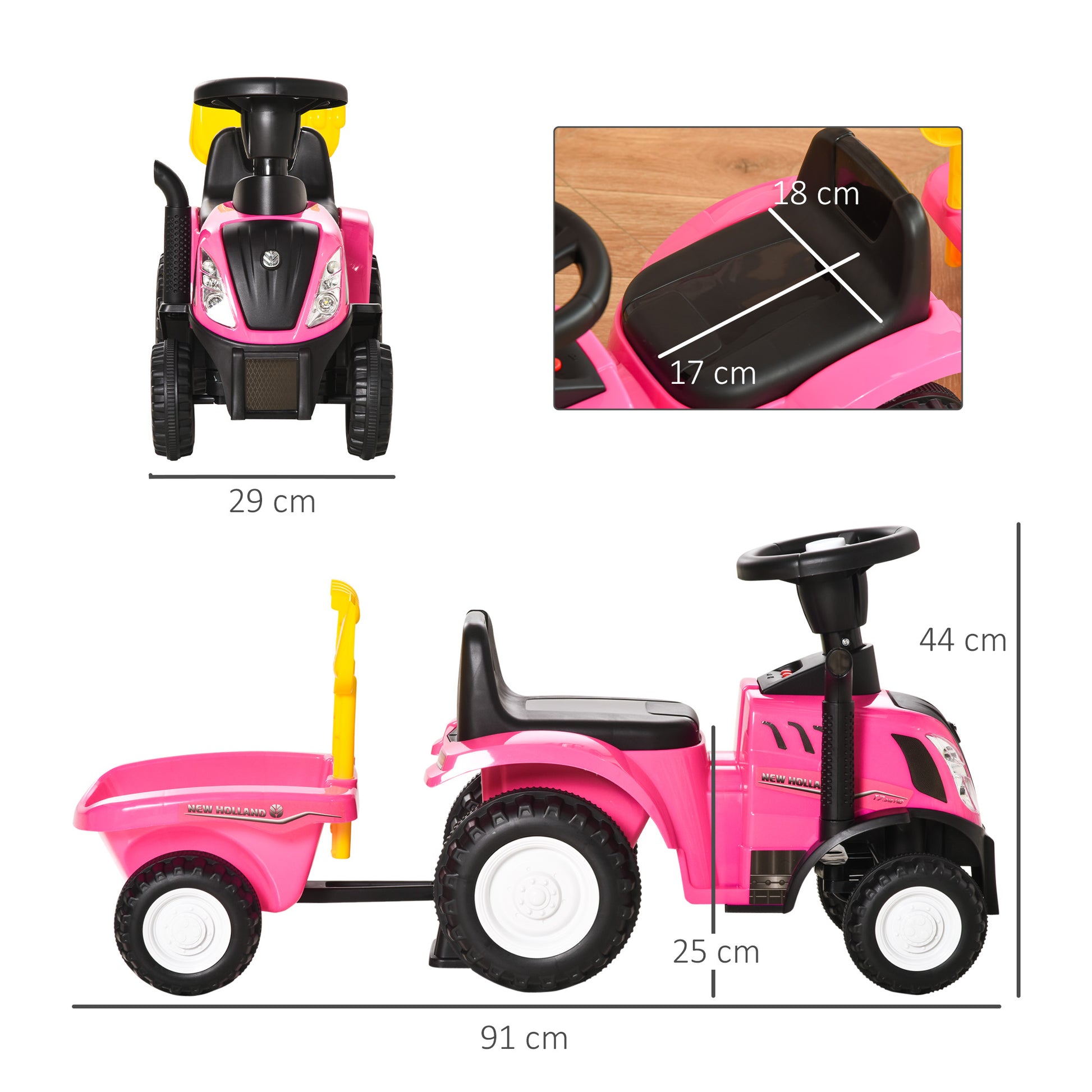 Homcom Tractor Con Remolque Para Niños 12-36 Meses Con Faros Pala Y Rastrillo_2