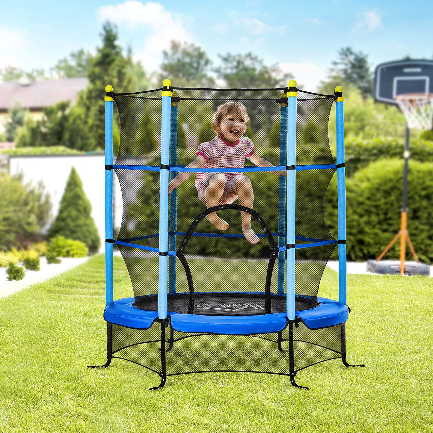 Homcom Trampolín Infantil Con Superficie De Salto Ø110 Cm Red De Seguridad Azul_1